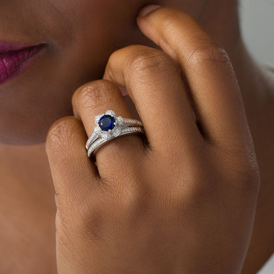 6.0mm Lab-Created Blue and White Sapphire Flower Frame Bridal Set in Sterling Silver