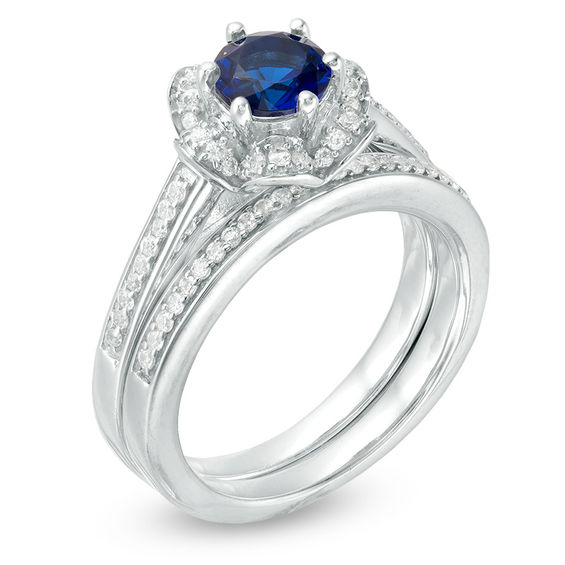 6.0mm Lab-Created Blue and White Sapphire Flower Frame Bridal Set in Sterling Silver