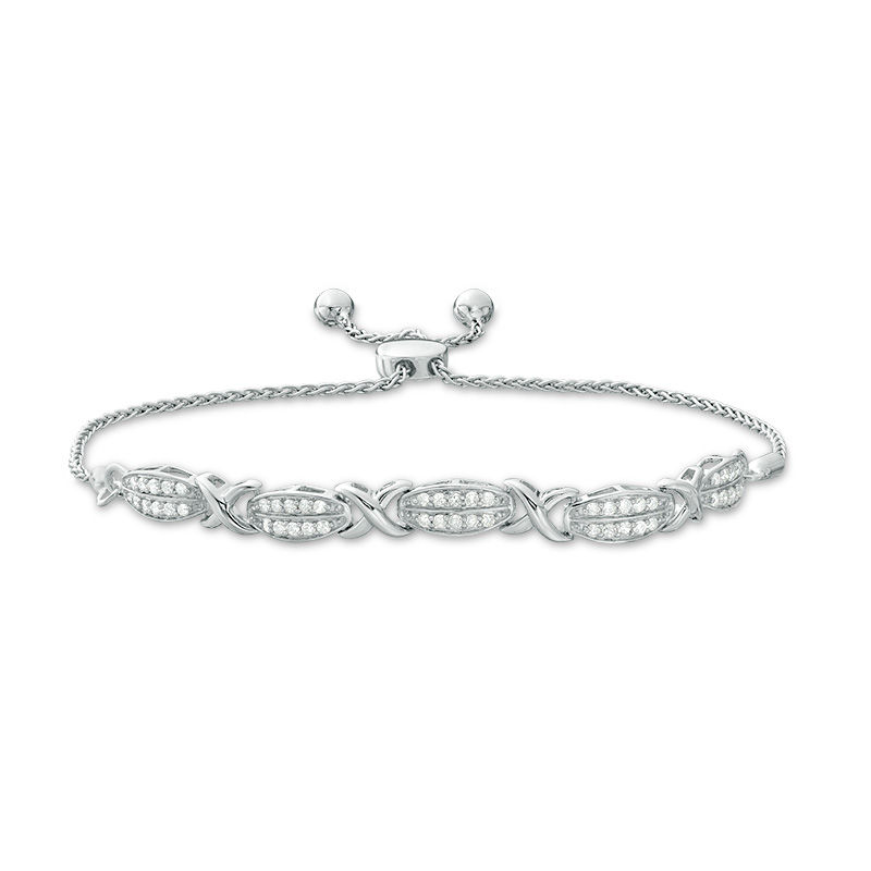 Main Image 1 of 1/2 CT. T.W. Diamond Alternating "X" and Double Row Bolo Bracelet in Sterling Silver - 9.5"