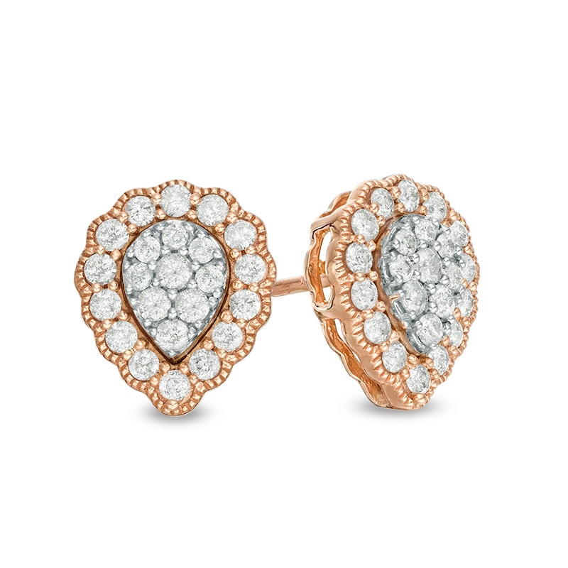 Main Image 1 of 1/2 CT. T.W. Pear-Shaped Multi-Diamond Scallop Frame Vintage-Style Stud Earrings in 10K Rose Gold