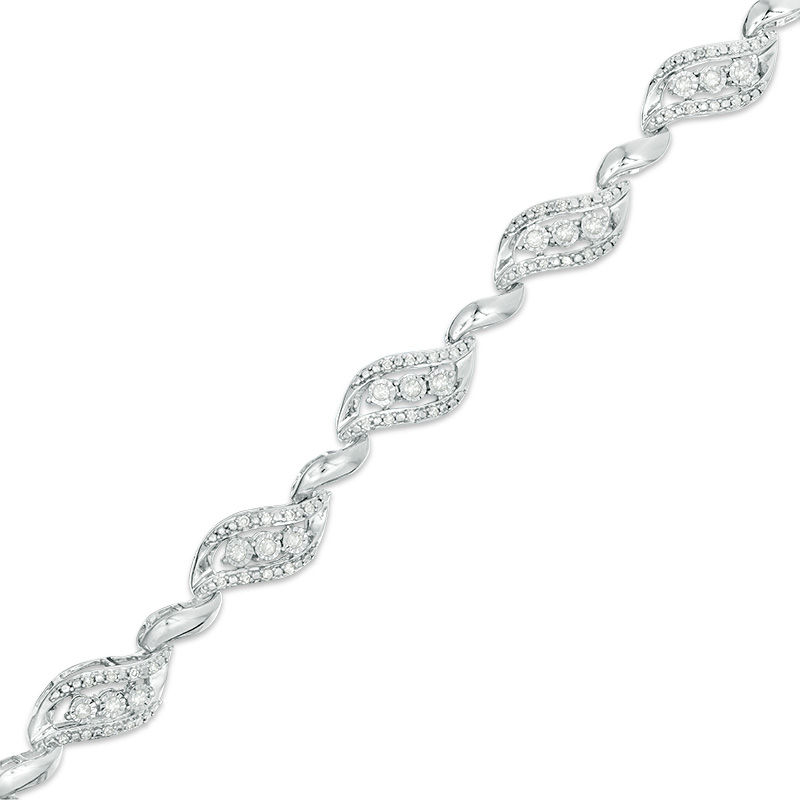 Main Image 1 of 1/2 CT. T.W. Diamond Three Stone Bypass Ribbon Bracelet in Sterling Silver - 7.5"