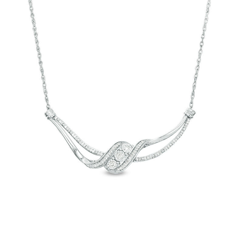 Main Image 1 of 1/5 CT. T.W. Diamond Three Stone Bypass Ribbon Necklace in Sterling Silver
