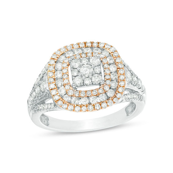 1 CT. T.w. Composite Diamond Triple Cushion Frame Ring in 10K Two-Tone Gold
