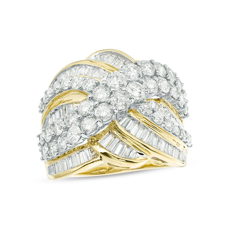 Main Image 1 of 3 CT. T.W. Baguette and Round Diamond Multi-Row Crossover Ring in 10K Gold