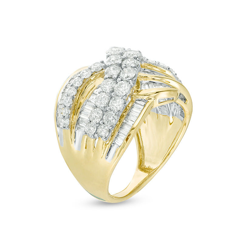 Main Image 2 of 3 CT. T.W. Baguette and Round Diamond Multi-Row Crossover Ring in 10K Gold