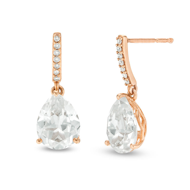 Main Image 1 of Pear-Shaped Lab-Created White Sapphire and 1/15 CT. T.W. Diamond Drop Earrings in 10K Rose Gold