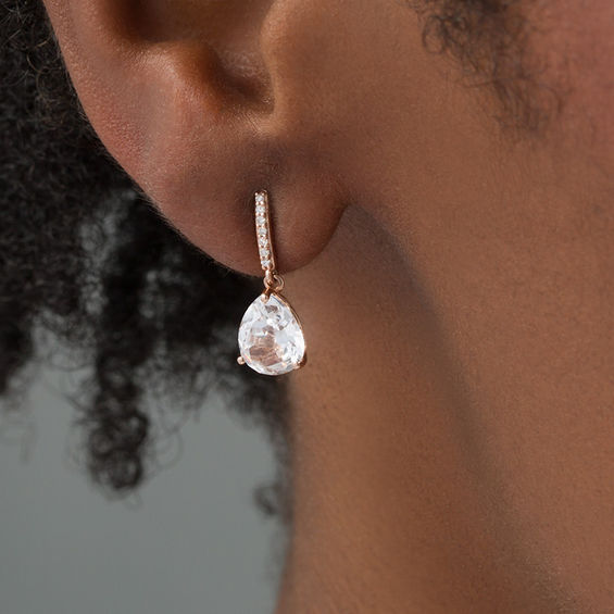 Pear-Shaped Lab-Created White Sapphire and 1/15 CT. T.w. Diamond Drop Earrings in 10K Rose Gold