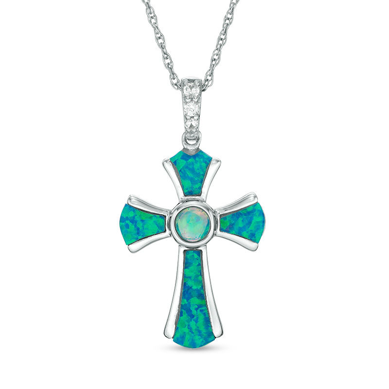 Main Image 1 of Lab-Created Blue Opal and White Sapphire Gothic-Style Cross Drop Pendant in Sterling Silver