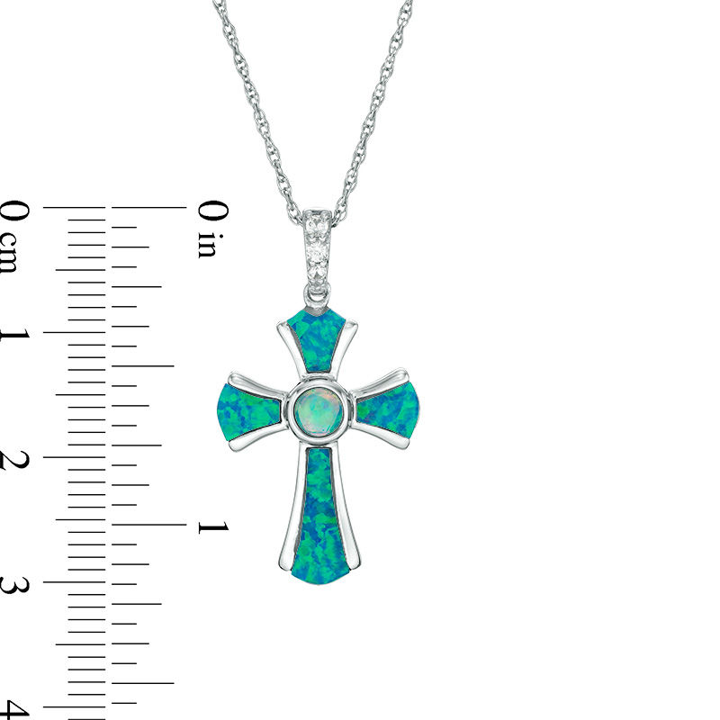 Main Image 2 of Lab-Created Blue Opal and White Sapphire Gothic-Style Cross Drop Pendant in Sterling Silver