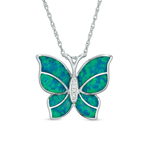 Lab-Created Blue Opal and White Sapphire Butterfly Pendant in Sterling Silver