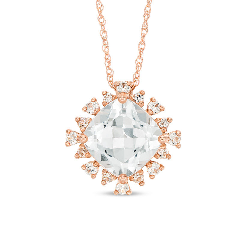 Main Image 1 of 8.0mm Cushion-Cut Lab-Created White Sapphire Sunburst Frame Pendant in 10K Rose Gold