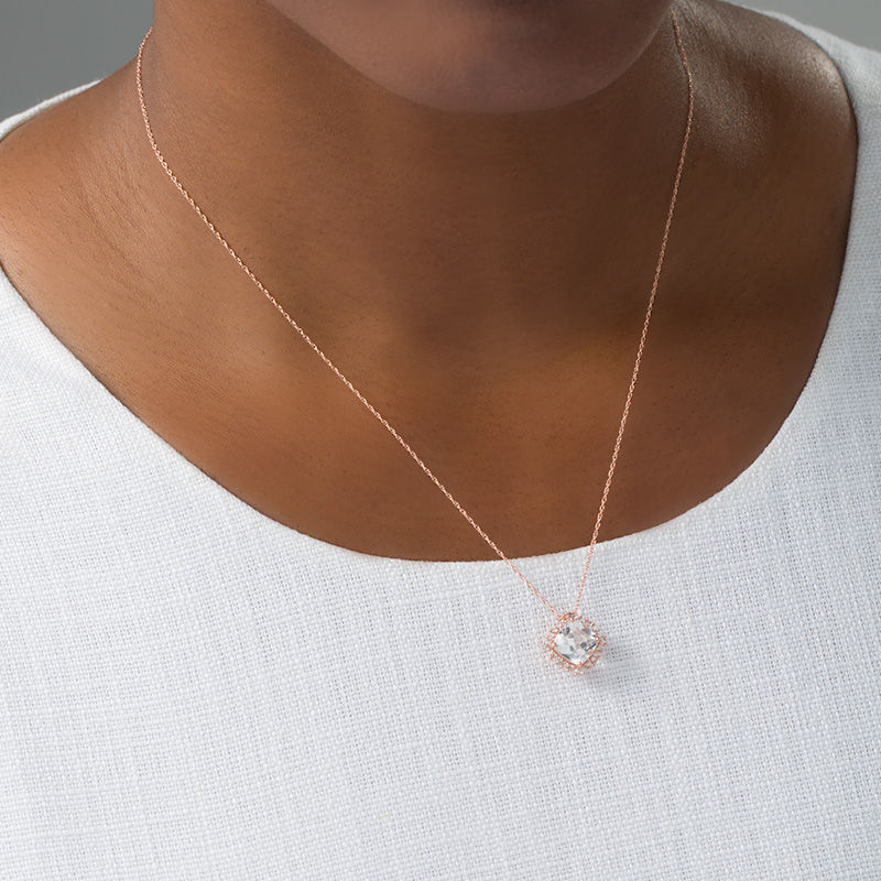 Main Image 2 of 8.0mm Cushion-Cut Lab-Created White Sapphire Sunburst Frame Pendant in 10K Rose Gold