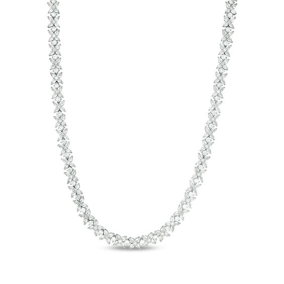Pear-Shaped and Round Lab-Created White Sapphire Flower Tennis Necklace in Sterling Silver - 17"