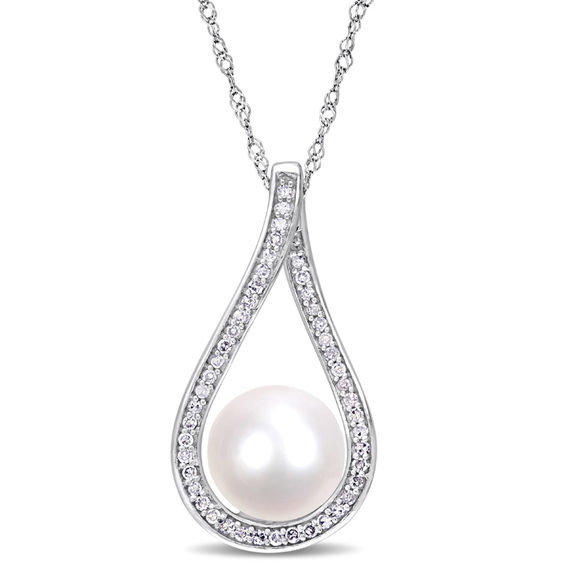 9.0 - 9.5mm Cultured Freshwater Pearl and 1/5 CT. T.W. Diamond Open Teardrop Frame Pendant in 14K White Gold - 17" 9.0 - 9.5mm Cultured Freshwater Pearl and 1/5 CT. T.W. Diamond Open Teardrop Frame Pendant in 14K White Gold - 17"