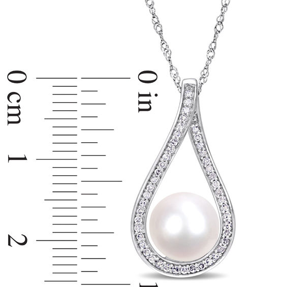 9.0 - 9.5mm Cultured Freshwater Pearl and 1/5 CT. T.W. Diamond Open Teardrop Frame Pendant in 14K White Gold - 17" 9.0 - 9.5mm Cultured Freshwater Pearl and 1/5 CT. T.W. Diamond Open Teardrop Frame Pendant in 14K White Gold - 17"