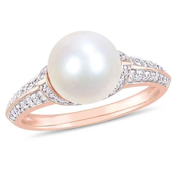 9.0 - 9.5mm Cultured Freshwater Pearl and 1/3 CT. T.w. Diamond Collared Ring in 10K Rose Gold