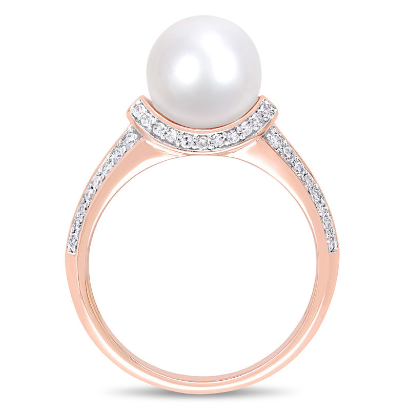 9.0-9.5mm Freshwater Cultured Pearl and 1/3 CT. T.W. Diamond Collared Ring in 10K Rose Gold