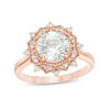 Thumbnail Image 1 of 8.0mm Lab-Created White Sapphire and 1/6 CT. T.W. Diamond Sunburst Frame Vintage-Style Ring in 10K Rose Gold - Size 7