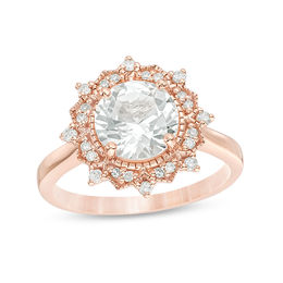 8.0mm Lab-Created White Sapphire and 1/6 CT. T.W. Diamond Sunburst Frame Vintage-Style Ring in 10K Rose Gold - Size 7