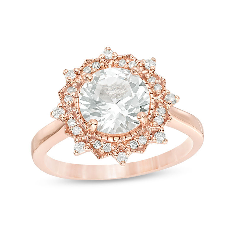 Main Image 1 of 8.0mm Lab-Created White Sapphire and 1/6 CT. T.W. Diamond Sunburst Frame Vintage-Style Ring in 10K Rose Gold - Size 7
