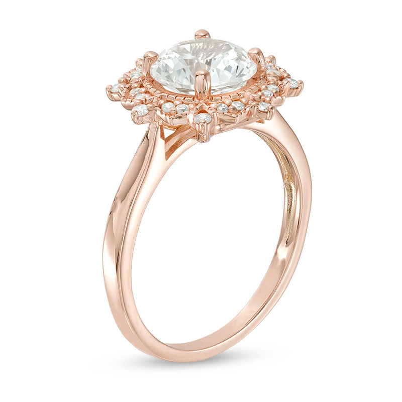 Main Image 2 of 8.0mm Lab-Created White Sapphire and 1/6 CT. T.W. Diamond Sunburst Frame Vintage-Style Ring in 10K Rose Gold - Size 7