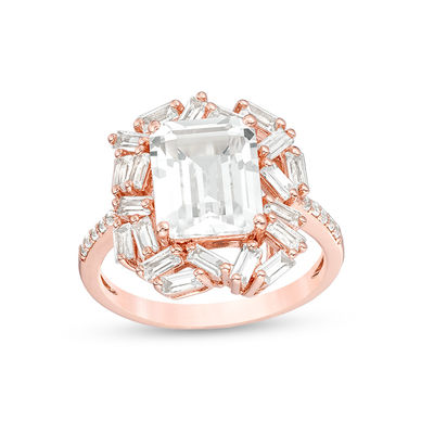 Emerald Cut Lab Created White Sapphire Frame Art Deco Ring In Sterling Silver With 18k Rose Gold Plate Size 7 Emerald Cut Lab Created White Sapphire Frame Art Deco Ring In Sterling Silver With 18k Rose Gold Plate Size 7