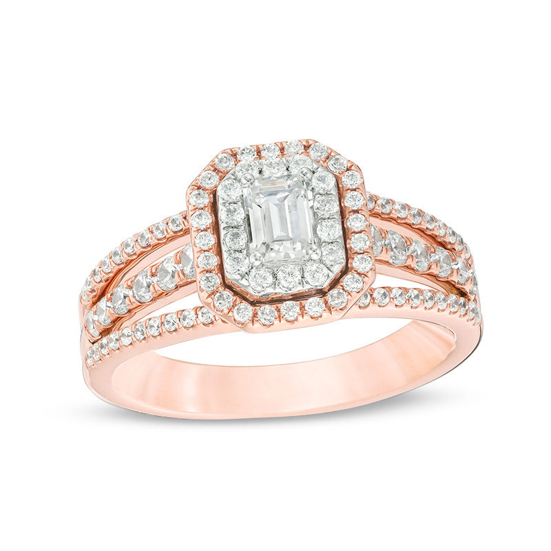 Celebration Ideal 1 CT. T.W. Emerald-Cut Diamond Double Frame Multi-Row Engagement Ring in 14K Two-Tone Gold (I/SI2)