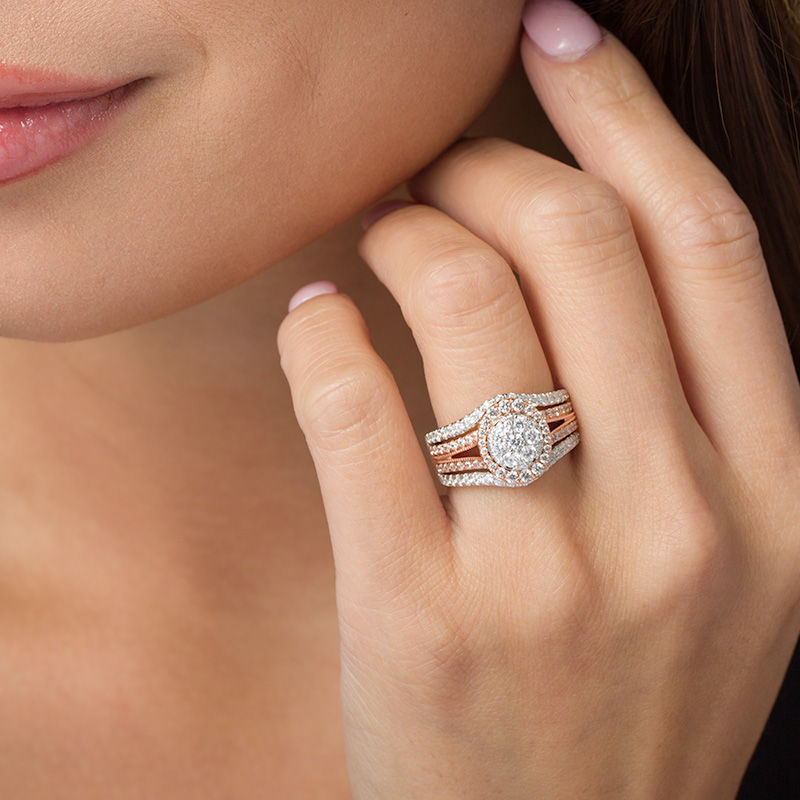 Main Image 2 of 1-1/2 CT. T.W. Composite Diamond Frame Multi-Row Vintage-Style Engagement Ring in 14K Two-Tone Gold