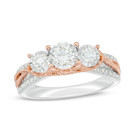 3/4 CT. T.w. Diamond Past Present FutureÂ® Twist Shank Vintage-Style Engagement Ring in 14K Two-Tone Gold