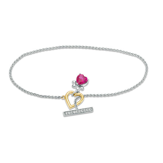 6.0mm Heart-Shaped Lab-Created Ruby and White Sapphire Paw Print Toggle Bracelet in Sterling Silver and 10K Gold - 7.25" 6.0mm Heart-Shaped Lab-Created Ruby and White Sapphire Paw Print Toggle Bracelet in Sterling Silver and 10K Gold - 7.25"