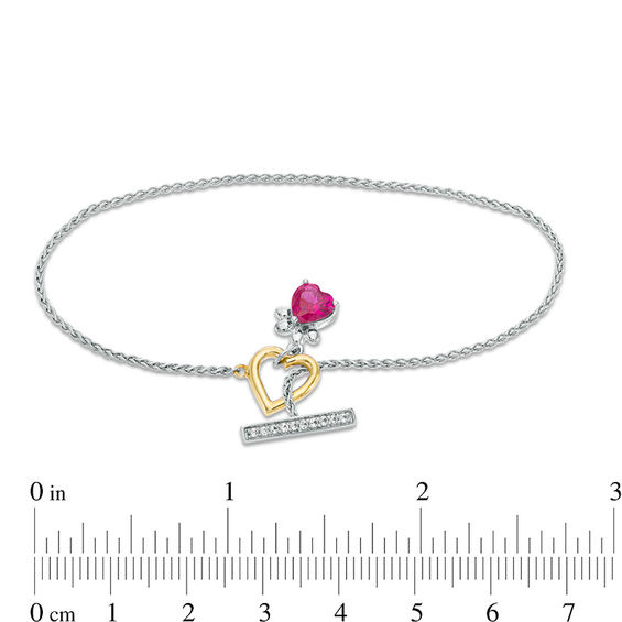 6.0mm Heart-Shaped Lab-Created Ruby and White Sapphire Paw Print Toggle Bracelet in Sterling Silver and 10K Gold - 7.25" 6.0mm Heart-Shaped Lab-Created Ruby and White Sapphire Paw Print Toggle Bracelet in Sterling Silver and 10K Gold - 7.25"
