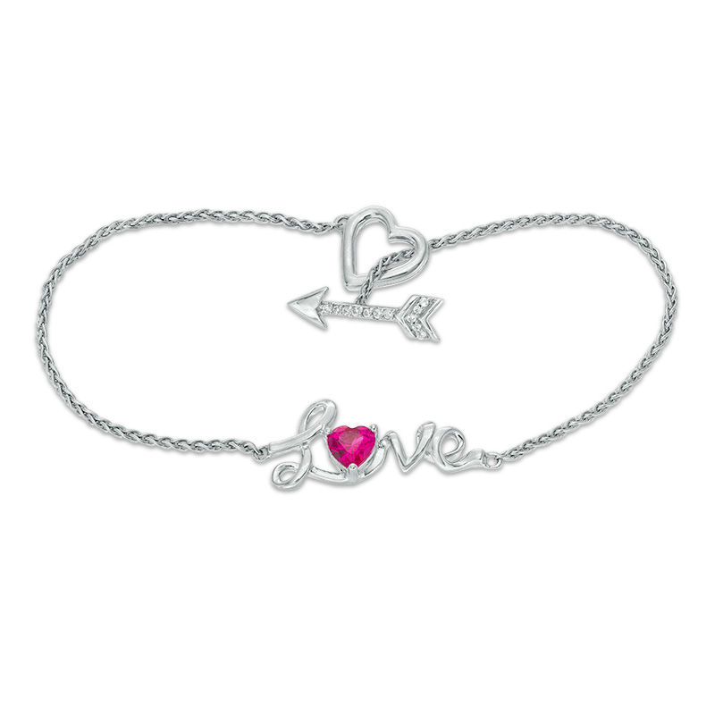 5.0mm Heart-Shaped Lab-Created Ruby and White Sapphire "Love" and Arrow Toggle Bracelet in Sterling Silver - 7.25"