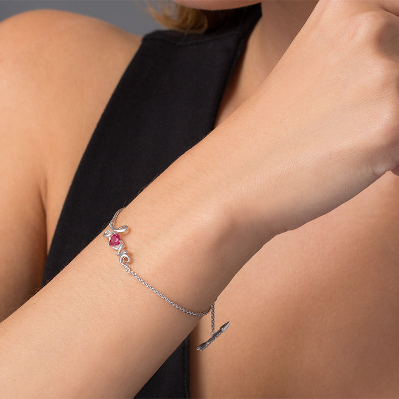 5.0mm Heart-Shaped Lab-Created Ruby and White Sapphire "Love" and Arrow Toggle Bracelet in Sterling Silver - 7.25"