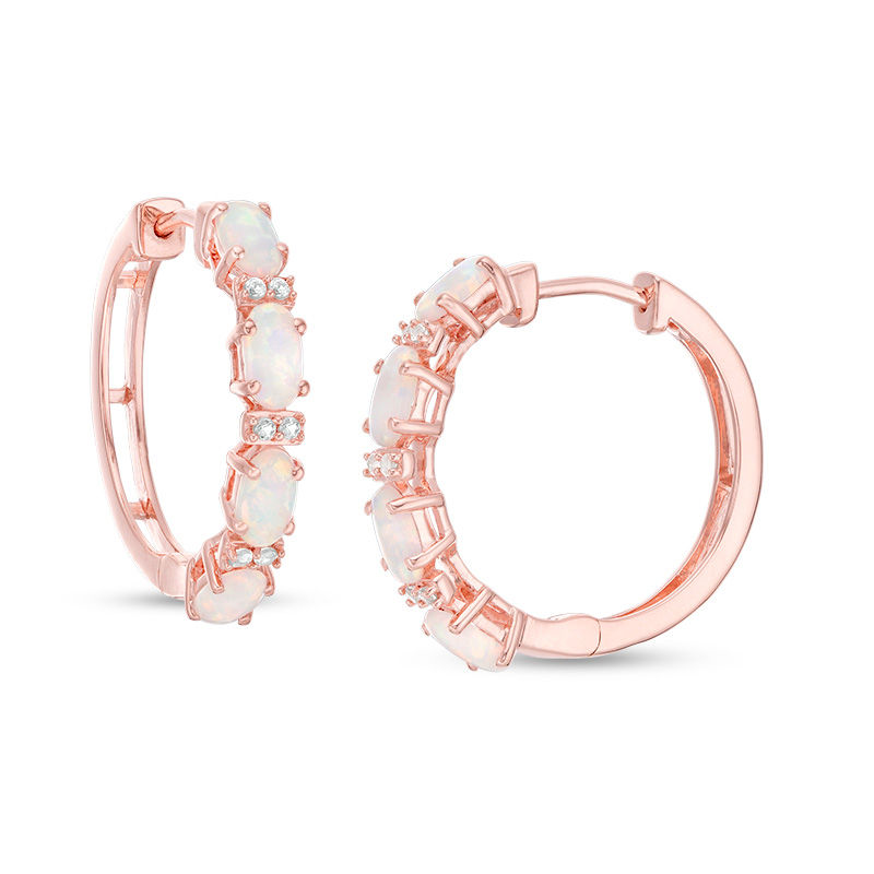 Main Image 1 of Oval Lab-Created Opal and White Sapphire Hoop Earrings in Sterling Silver with 14K Rose Gold Plate