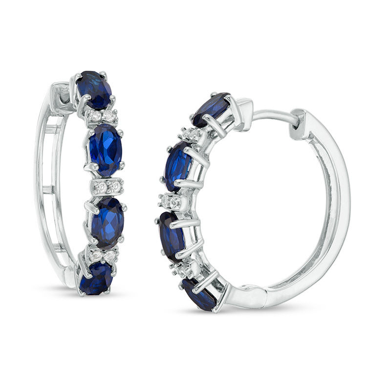 Oval Lab-Created Blue and White Sapphire Hoop Earrings in Sterling Silver