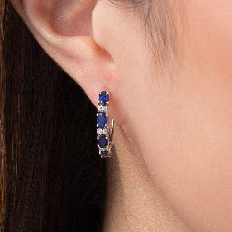 Oval Lab-Created Blue and White Sapphire Hoop Earrings in Sterling Silver