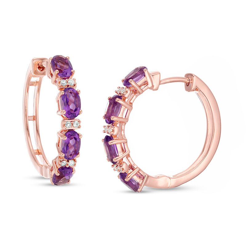 Main Image 1 of Oval Amethyst and Lab-Created White Sapphire Hoop Earrings in Sterling Silver with 14K Rose Gold Plate