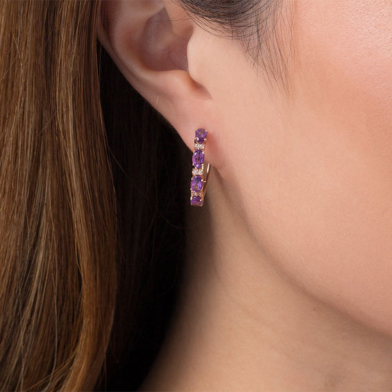 Oval Amethyst and Lab-Created White Sapphire Hoop Earrings in Sterling Silver with 14K Rose Gold Plate