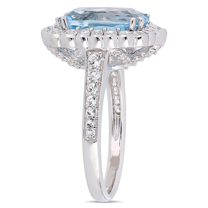 Elongated Blue and White Topaz Scallop Frame Ring in Sterling Silver