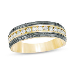 1/2 CT. T.W. Diamond Slant Groove Edge Wedding Band in 14K Gold with Black Rhodium