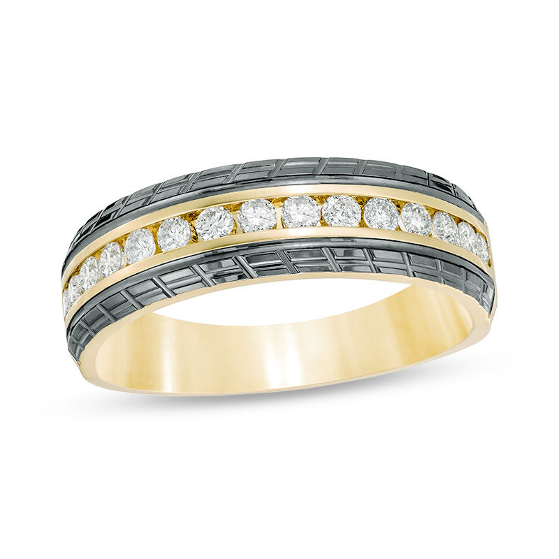Main Image 1 of 1/2 CT. T.W. Diamond Slant Groove Edge Wedding Band in 14K Gold with Black Rhodium
