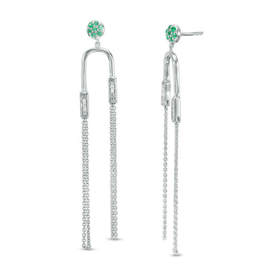 Lab-Created Emerald Cluster and 1/20 CT. T.W. Diamond Asymmetrical Double Tassel Drop Earrings in Sterling Silver Lab-Created Emerald Cluster and 1/20 CT. T.W. Diamond Asymmetrical Double Tassel Drop Earrings in Sterling Silver