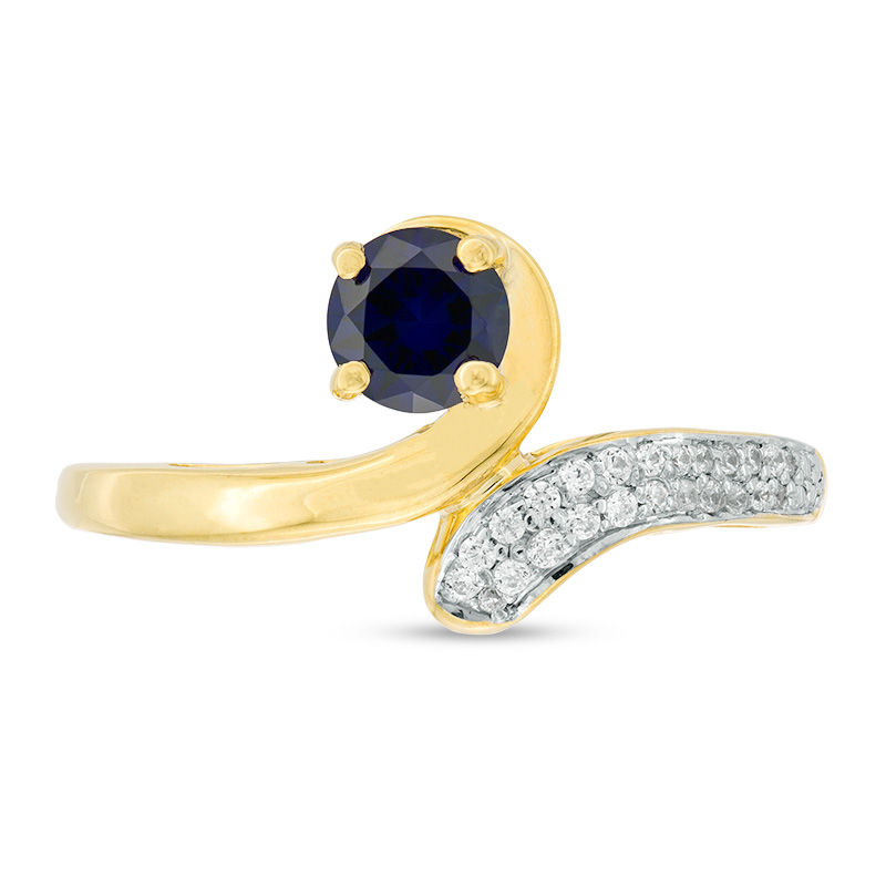 5.0mm Lab-Created Blue Sapphire and 1/10 CT. T.W. Diamond Bypass Ring in Sterling Silver with 14K Gold Plate