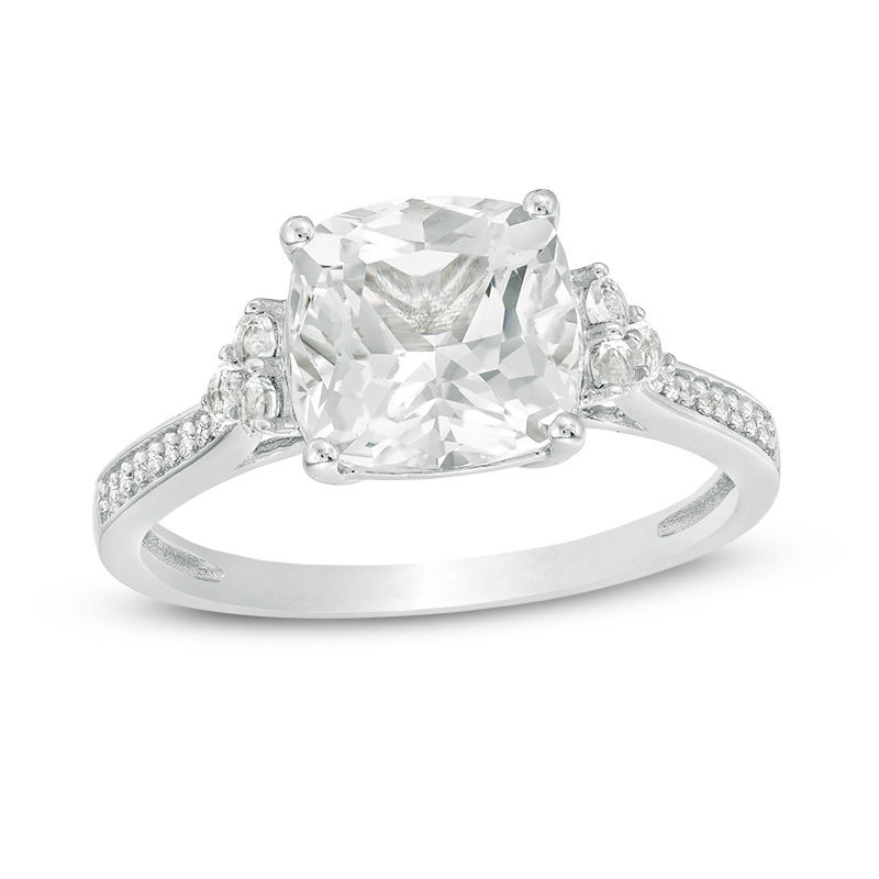 Cushion-Cut Lab-Created White Sapphire and Diamond Engagement Ring in White Gold