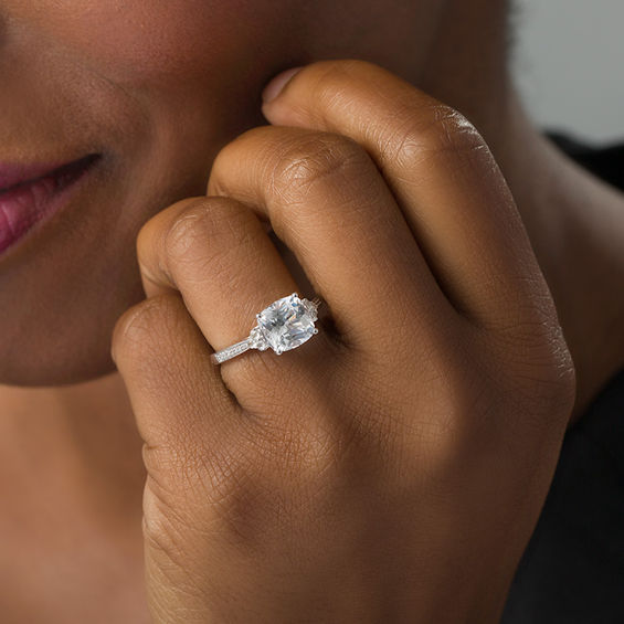 8.0mm Cushion-Cut Lab-Created White Sapphire and 1/20 CT. T.w. Diamond Tri-Sides Engagement Ring in 10K White Gold