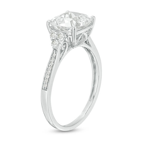 8.0mm Cushion-Cut Lab-Created White Sapphire and 1/20 CT. T.w. Diamond Tri-Sides Engagement Ring in 10K White Gold