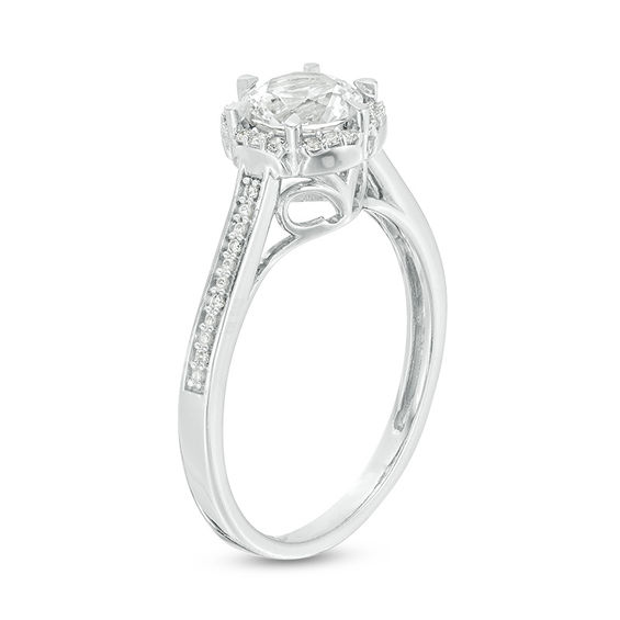 6.0mm Lab-Created White Sapphire and 1/10 CT. T.w. Diamond Frame Engagement Ring in 10K White Gold