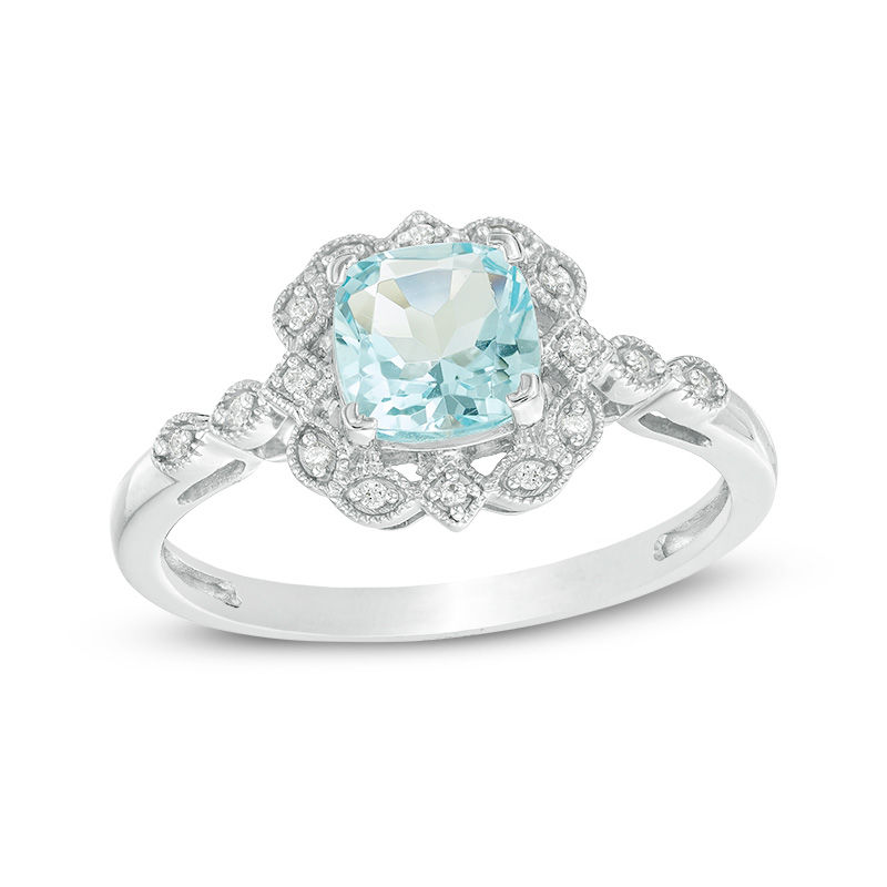 Cushion-Cut Simulated Aquamarine and 0.04 CT. T.W. Diamond Frame ...