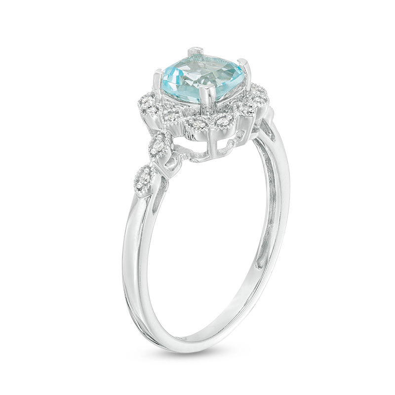 Cushion-Cut Simulated Aquamarine and 0.04 CT. T.W. Diamond Frame Vintage-Style Engagement Ring in Sterling Silver