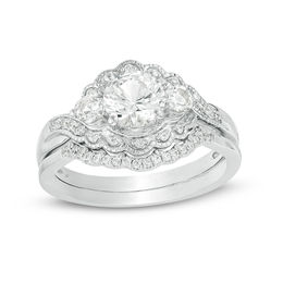 Lab-Created White Sapphire and 1/6 CT. T.W. Diamond Three Stone Bypass Vintage-Style Bridal Set in Sterling Silver